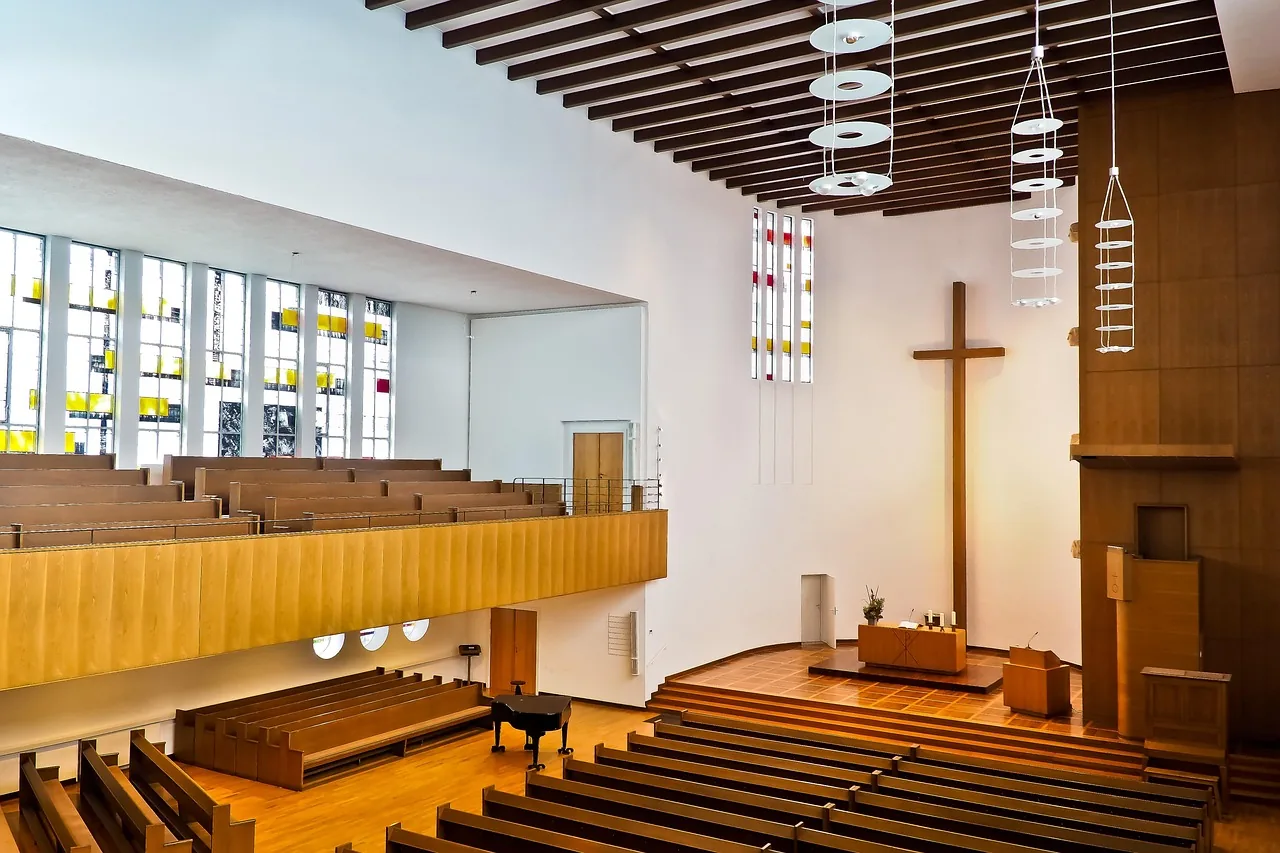 Bright church with cross for religious songs