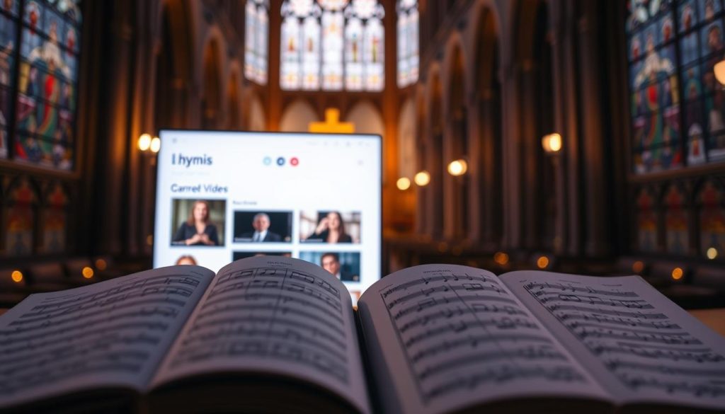 A serene, soft-lit online resource hub for sacred hymns and chants. In the foreground, a collection of open hymnals and sheet music, their pages illuminated by a warm, ambient glow. In the middle ground, a clean, minimalist user interface showcasing a selection of chant videos and audio tracks. The background features a blurred, ethereal landscape of stained glass windows and towering cathedral arches, evoking a sense of reverence and spiritual contemplation. The overall mood is one of tranquility, accessibility, and a reverence for the rich tradition of sacred music.