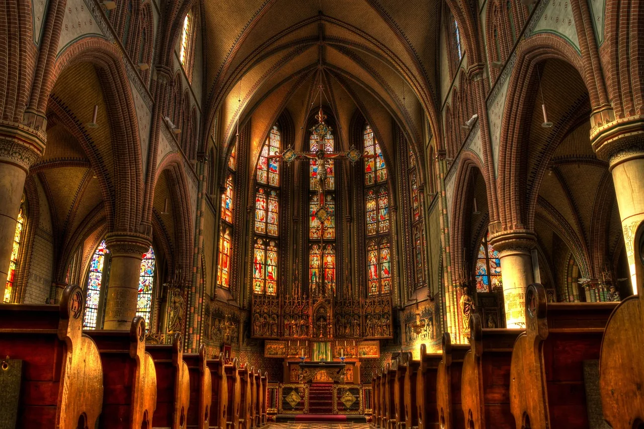 Church interior with stained-glass windows