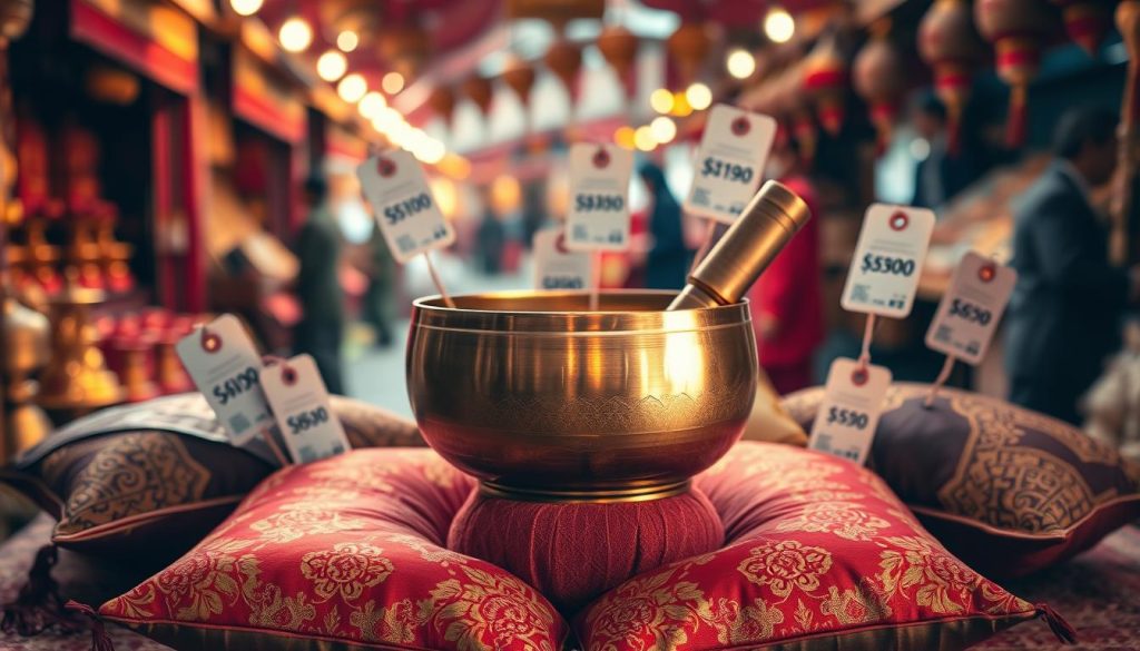 A beautifully arranged display featuring a Tibetan singing bowl at the center, surrounded by various price tags elegantly styled in traditional Tibetan motifs. The bowl should be polished brass, reflecting warm ambient light, and exuding a serene glow. In the foreground, intricate patterns of silk cushions in rich colors like deep red and gold softly cradling the bowl enhance the visual appeal. In the background, a softly blurred Tibetan market scene with artisans and traditional stalls to provide cultural context. The lighting should be soft and warm, reminiscent of a late afternoon, creating a calm, inviting atmosphere. Aim for a balanced composition, ensuring that the focus remains on the bowl and its price representation without any text or overlays.