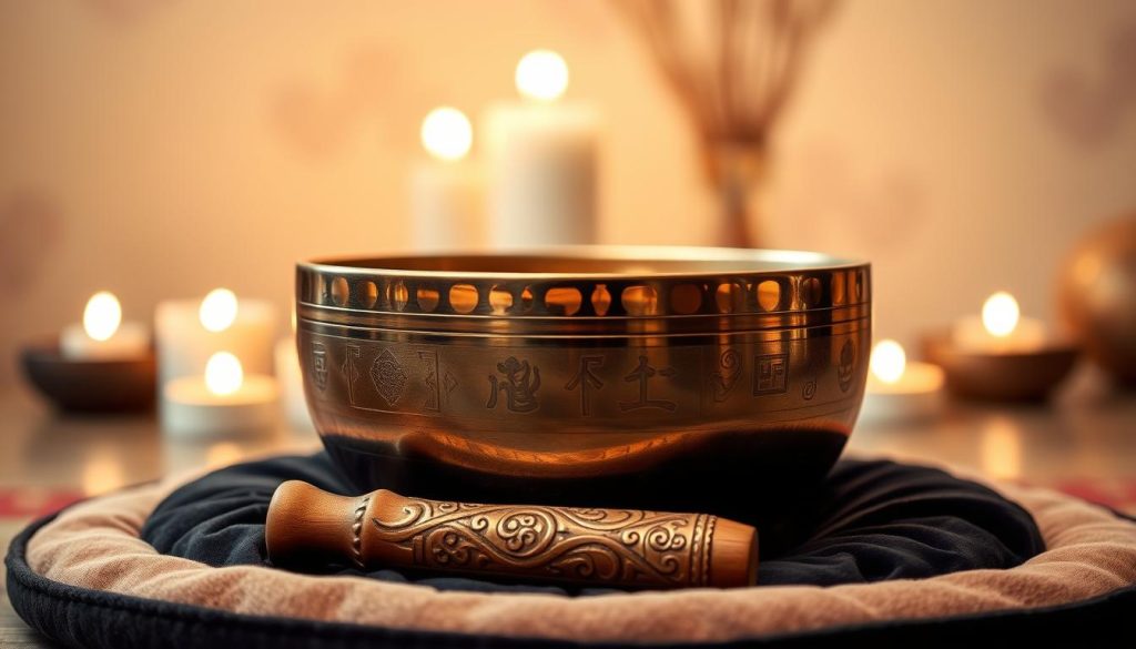 A beautifully crafted Tibetan singing bowl, centered in the foreground, made of shining brass with intricate engravings depicting traditional symbols. The bowl is resting on a soft, dark velvet cushion, allowing its reflective surface to catch the light. Surrounding the bowl, a delicate wooden mallet lies poised, ready for use. In the middle ground, softly blurred candles flicker gently, casting a warm, inviting glow that enhances the atmosphere of tranquility. In the background, hints of a serene, minimalist space are visible, with gentle earthy tones and subtle textures that evoke peace and mindfulness. The lighting is soft and warm, creating a calming ambience that invites the viewer to explore the art of sound healing. The angle captures the bowl from slightly above, emphasizing its depth and craftsmanship. Overall, the image conveys a sense of serenity, inviting the viewer into the world of Tibetan singing bowls.
