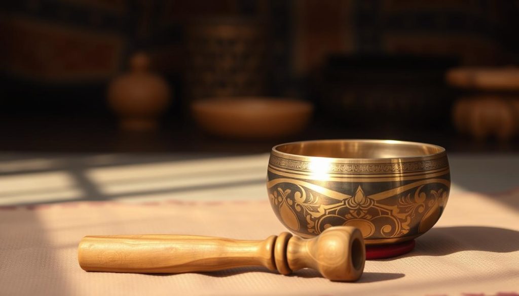 A beautifully crafted Tibetan singing bowl is positioned prominently in the foreground, showcasing its intricate designs and shimmering surface. Beside the bowl lies a wooden mallet, expertly made with a thick diameter and a polished finish, illustrating its suitability for striking the bowl. The mallet rests on a textured cloth in earthy tones, reflecting the spiritual essence of Tibetan culture. In the middle ground, soft, natural lighting casts gentle shadows, enhancing the details of the bowl and mallet. In the background, blurred imagery of a serene meditation space complete with subtle hues of browns and greens evokes a calming atmosphere. The scene embodies tranquility and mindfulness, inviting the viewer to explore the art of sound healing with these tools. The overall mood is peaceful, reverent, and focused.