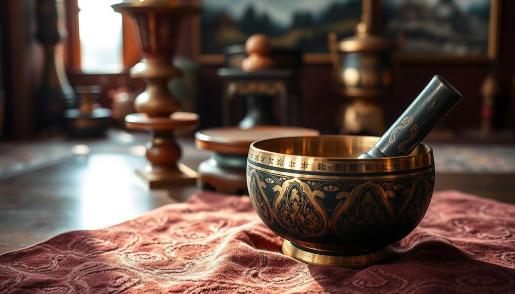A beautifully crafted Tibetan singing bowl sits prominently in the foreground, showcasing its intricate engravings that reflect authentic craftsmanship. The bowl is placed on a textured, rich velvet cloth, hinting at luxury and care. In the middle ground, a small, polished wooden table adds warmth to the scene, while a gentle, natural light casts soft shadows, enhancing the details of the bowl’s surface. In the background, blurred images of traditional Tibetan artifacts and mountains evoke a sense of cultural heritage and provenance. The overall atmosphere is serene and contemplative, inviting the viewer to appreciate the artistry and history behind the bowl. The focus is clear, with a depth of field that emphasizes the singing bowl while creating a harmonious, inviting mood.