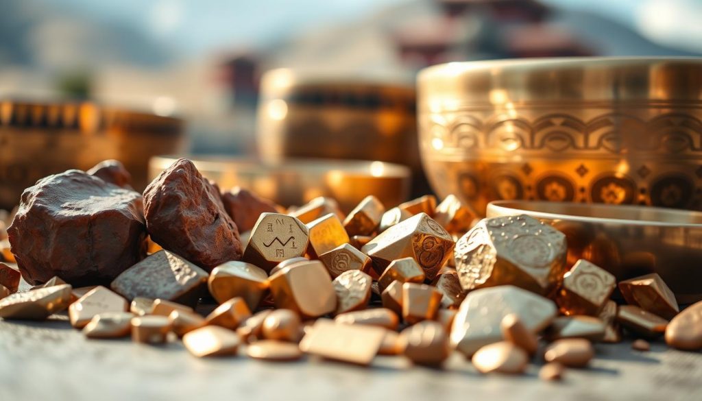 A close-up composition showcasing various metals used in Tibetan singing bowls, specifically focusing on bronze, copper, and tin. In the foreground, gleaming nuggets of these metals with distinct textures and rich colors—deep reddish-brown for copper, warm gold for bronze, and soft silver for tin—should be arranged artistically. The middle ground can feature traditional Tibetan singing bowls made from these metals, highlighting their intricate craftsmanship and polished finishes. In the background, softly blurred images of a serene Tibetan landscape with gentle lighting create a spiritual atmosphere. Use natural lighting to emphasize the shiny surfaces, and a shallow depth of field to draw focus on the metals, evoking a sense of balance and harmony in this artistic representation.