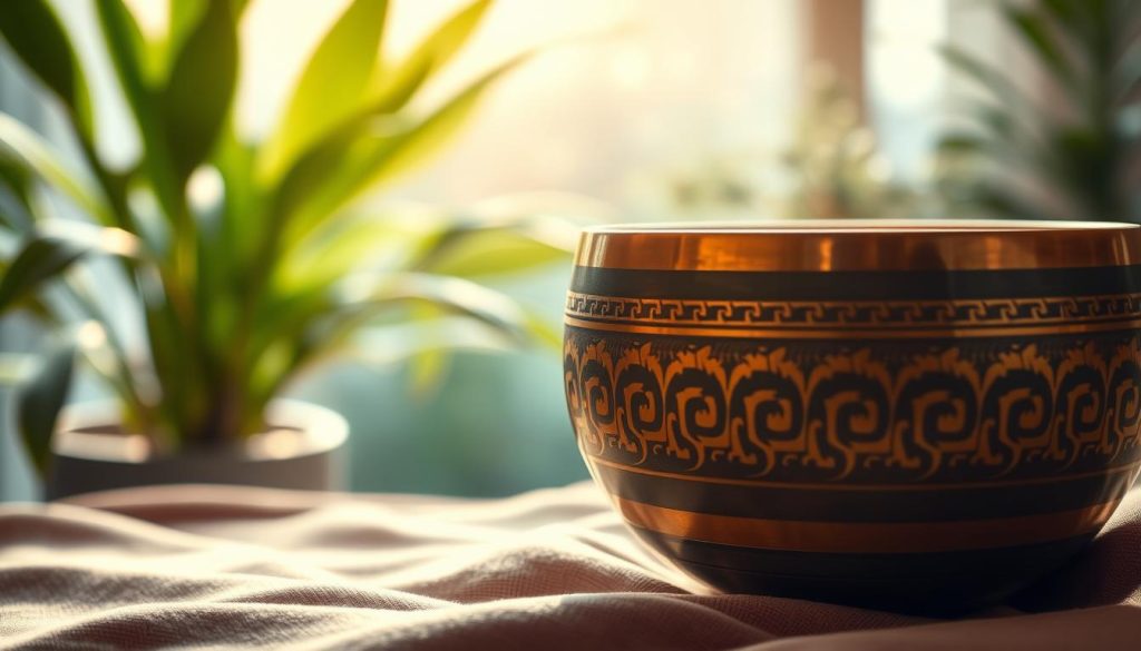 A close-up view of a Tibetan singing bowl, placed on a soft, textured fabric, radiating gentle vibrations. The image captures the moment when rich, colorful sound waves ripple outward from the bowl, visualized as ethereal, swirling patterns that evoke a sense of calm and harmony. In the background, softly blurred, are lush green plants and a tranquil environment that enhances the peaceful atmosphere. Warm, diffused lighting bathes the scene, creating a serene glow that highlights the bowl's intricate designs. The angle is slightly tilted, emphasizing the depth of the bowl while showcasing the beauty of vibration and sound harmonics. Overall, the mood is meditative and inviting, perfect for illustrating the essence of sound quality in Tibetan bowls.