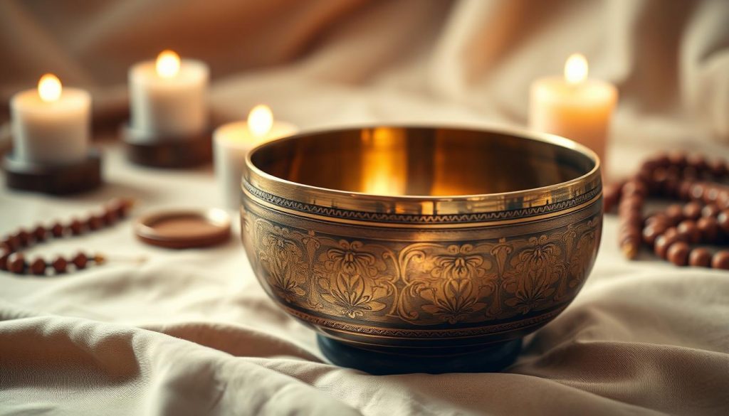 A close-up view of a traditional Tibetan singing bowl placed on a beautifully textured fabric background. The focus is on the bowl's elegant, intricate designs, showcasing its size and diameter, which subtly suggest the weight and potential tones it can produce. Soft, warm, natural lighting highlights the metallic surface and enhances the bowl's reflective qualities, while a slight angle from above gives depth and perspective. In the background, delicate blurred shapes of meditative elements, such as candles and prayer beads, create a tranquil atmosphere, evoking a sense of calm and mindfulness that illustrates the importance of size and weight in sound production. The overall mood is serene and contemplative.