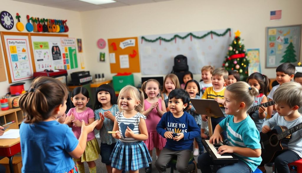 A cozy classroom setting with a group of enthusiastic children engaged in various musical activities. In the foreground, a cheerful teacher guides the children in clapping rhythms and playing simple percussion instruments. The middle ground features a mix of children singing joyfully, some dancing to the music, and others attempting to play small keyboards or guitars. The background showcases an array of colorful musical instruments, educational posters, and a festive holiday-themed backdrop, creating a warm and inviting atmosphere. The lighting is soft and natural, capturing the children's expressions of wonder and delight as they explore the world of music together.