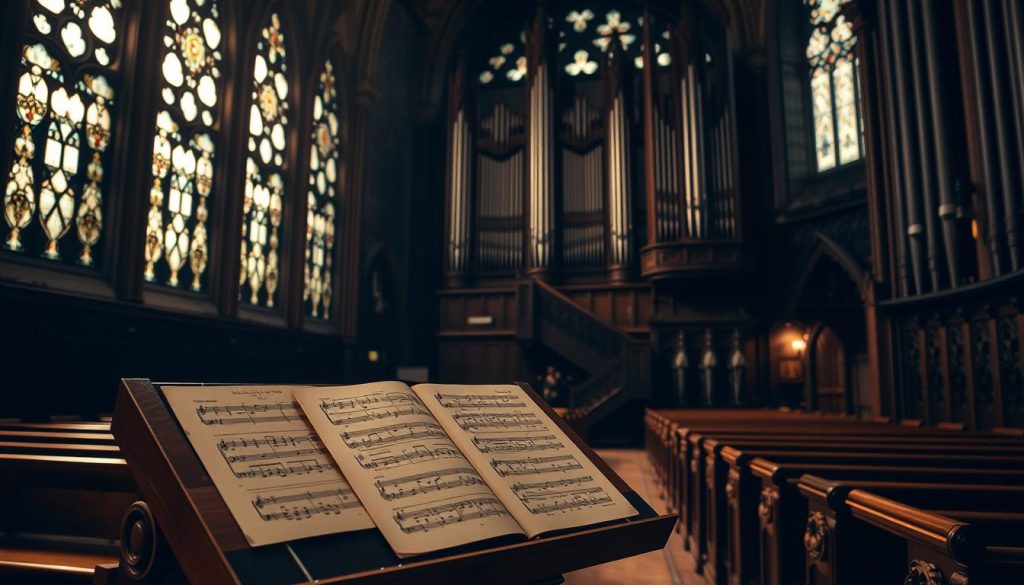 A dimly lit cathedral interior, with intricate stained glass windows casting a soft, ethereal glow. In the foreground, an ornate wooden lectern stands, its surface covered in ancient parchment sheets of sacred sheet music. The middle ground features rows of wooden pews, their ornate carvings and polished surfaces exuding a sense of reverence. In the background, a grand pipe organ dominates the space, its towering pipes and intricate mechanisms suggesting the power and majesty of the divine. The lighting is warm and muted, creating a contemplative and serene atmosphere, perfect for the performance of sacred choral works.