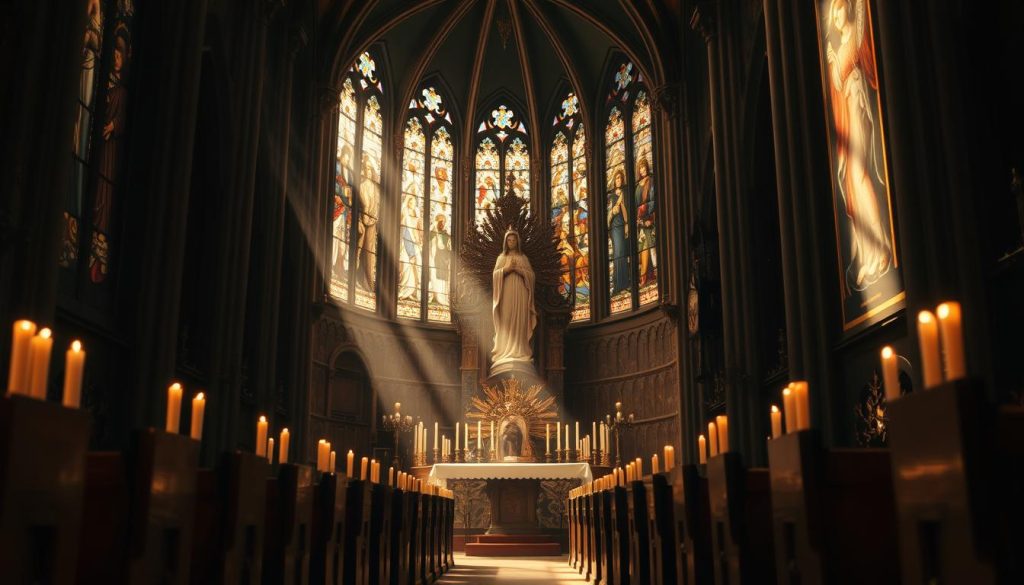 A dimly lit cathedral, stained glass windows casting a warm, ethereal glow. Rows of wooden pews stretch towards the altar, where a choir of angelic voices rise in reverent chants. Ornate statues of the Virgin Mary and the Holy Spirit stand in the foreground, their serene expressions radiating an otherworldly grace. The air is filled with the scent of burning candles and the murmur of prayers, creating a profound sense of spiritual tranquility. Shafts of golden light filter through the nave, illuminating the intricate carvings and tapestries that adorn the walls, as the faithful gather to honor the divine with their voices and hearts.