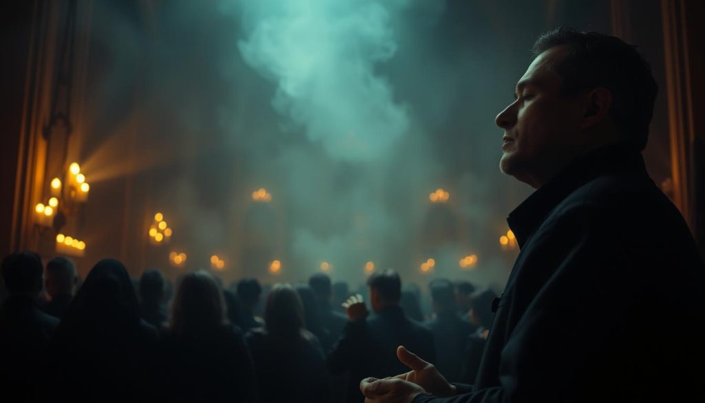 A dimly lit interior of a religious sanctuary, the air thick with the scent of incense. In the foreground, a chanteur stands with eyes closed, his face serene, leading a congregation in a mournful, spiritual chant. The middle ground is filled with shadowy figures, their hands clasped in reverence. The background is obscured by the soft, golden glow of candlelight, creating an atmosphere of solemnity and contemplation. The lighting is low and dramatic, casting deep shadows and highlighting the solemn expressions of the worshippers. The camera angle is slightly elevated, giving a sense of the grandeur and importance of the ceremony.