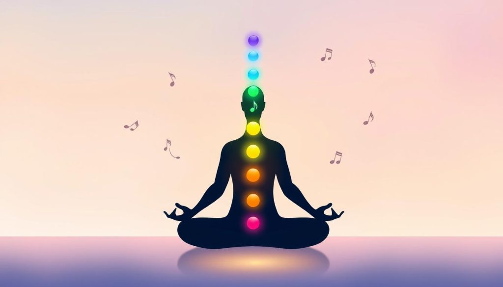 A serene and harmonious illustration depicting chakras aligned vertically along a human silhouette in a meditative pose, with vibrant colors representing each chakra's energy. Each chakra is accompanied by its corresponding musical note symbol, creating a blend of spiritual and musical elements. In the foreground, soft light glows around the figure, enhancing the vibrancy of the chakra colors. The middle ground features gentle wisps of sound waves emanating from the notes, suggesting a connection between music and energy flow. The background is a tranquil gradient of soft pastel hues, evoking a sense of calm and balance. The atmosphere is tranquil and inviting, perfect for an exploration of harmony through sound and spirituality.