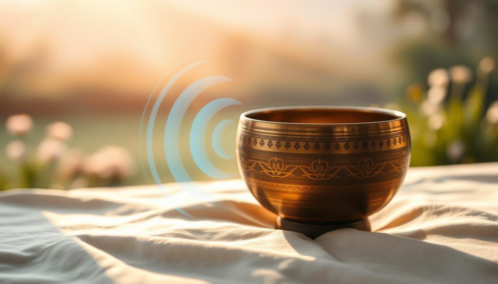 A serene and tranquil setting featuring a beautifully crafted Tibetan singing bowl resting on a soft fabric surface, surrounded by gentle waves of sound vibrations depicted visually. In the foreground, close-up details of the bowl’s intricate designs and polished surface reflect soft, warm light. In the middle ground, subtle ripples and waves emanate from the bowl, illustrating the sound's vibrations in harmonious tones of blue and gold. The background is a blurred natural landscape, perhaps a peaceful garden, bathed in soft morning light, creating a calm and meditative atmosphere. This image captures the essence of sound testing and the depth of sensory experience related to Tibetan bowls, inviting viewers to appreciate the nuances of sound and vibration.