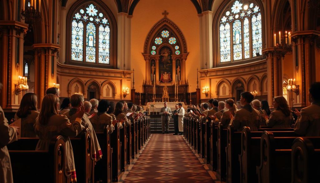 A serene church interior, bathed in warm, soft lighting. In the foreground, a group of choir members, robed in ornate vestments, stand together, their voices raised in harmonious chants. The middle ground features rows of wooden pews, with intricate stained glass windows casting kaleidoscopic patterns on the floor. In the background, a magnificent altar adorned with candles and religious symbols, creating an atmosphere of reverence and divine connection. The overall mood is one of solemn beauty, as the chants echo through the hallowed space, inviting the faithful to join in worship on this joyous occasion of a religious marriage ceremony.