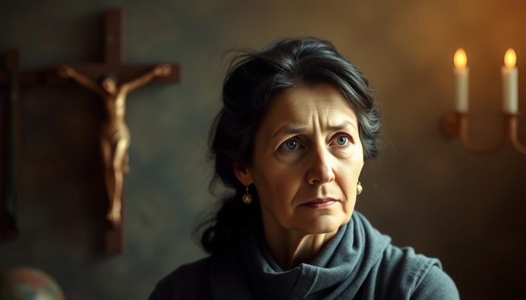 A serene, contemplative portrait of Simone Weil, the influential French philosopher and mystic, set against a backdrop of Christian symbolism and spiritual motifs. Weil's thoughtful gaze is illuminated by soft, natural lighting, conveying her deep connection to the divine. The composition features a central focus on her face, with a halo-like radiance around her head, evoking a sense of sacred transcendence. In the middle ground, a crucifix or other Christian iconography subtly enhances the spiritual atmosphere. The background blends seamlessly, incorporating muted tones and ethereal, atmospheric elements that evoke a sense of timelessness and mystical reverence, perfectly capturing the essence of Weil's Christian spirituality.