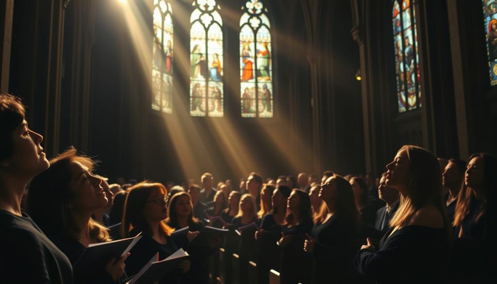 A serene, dimly lit cathedral interior, with sunlight streaming through stained glass windows, casting a warm glow over a congregation engaged in a spiritual choral performance. In the foreground, a choir of soulful singers, their faces uplifted, lost in the ethereal beauty of their harmonies. The middle ground features pews filled with contemplative worshippers, their expressions reflecting the power and emotion of the chant. The background recedes into the shadows, enhancing the sense of reverence and sacred space. The lighting is soft and atmospheric, lending a sense of timelessness to the scene. The overall mood is one of profound spiritual reflection and connection.