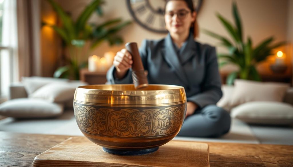 A serene, inviting setting featuring a Tibetan singing bowl in the foreground, set on a natural wooden surface. The bowl is beautifully engraved, reflecting soft light that highlights its intricate patterns. In the middle ground, a calm individual in modest, professional attire gently strikes the bowl with a mallet, creating ripples in the bowl’s surface, with delicate sound waves visibly emanating from it. They appear focused and relaxed, embodying the mastery of sound. The background showcases a softly blurred ambiance of a cozy, tranquil room with warm lighting, perhaps a few candles flickering and some green plants, enhancing a peaceful aura. The atmosphere conveys harmony and mindfulness, ideal for learning and mastering basic techniques of sound production.