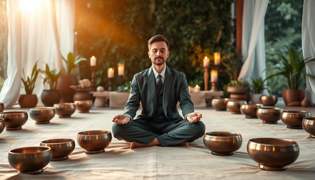 A serene meditation space filled with Tibetan singing bowls arranged harmoniously on a soft, natural fabric. In the foreground, a well-dressed individual sits cross-legged, practicing meditation, radiating calm and focus. The middle ground features a peaceful altar with candlelight flickering softly, enhancing the tranquil atmosphere. The background displays lush greenery and natural elements, suggesting a connection to nature. Soft, warm lighting bathes the scene, creating a golden hour effect that emphasizes tranquility and harmony. The composition is captured from a slightly elevated angle to provide a comprehensive view of the meditation setup, inviting viewers into this serene environment. The overall mood is peaceful and inspiring, ideal for contemplation and mindfulness practices.