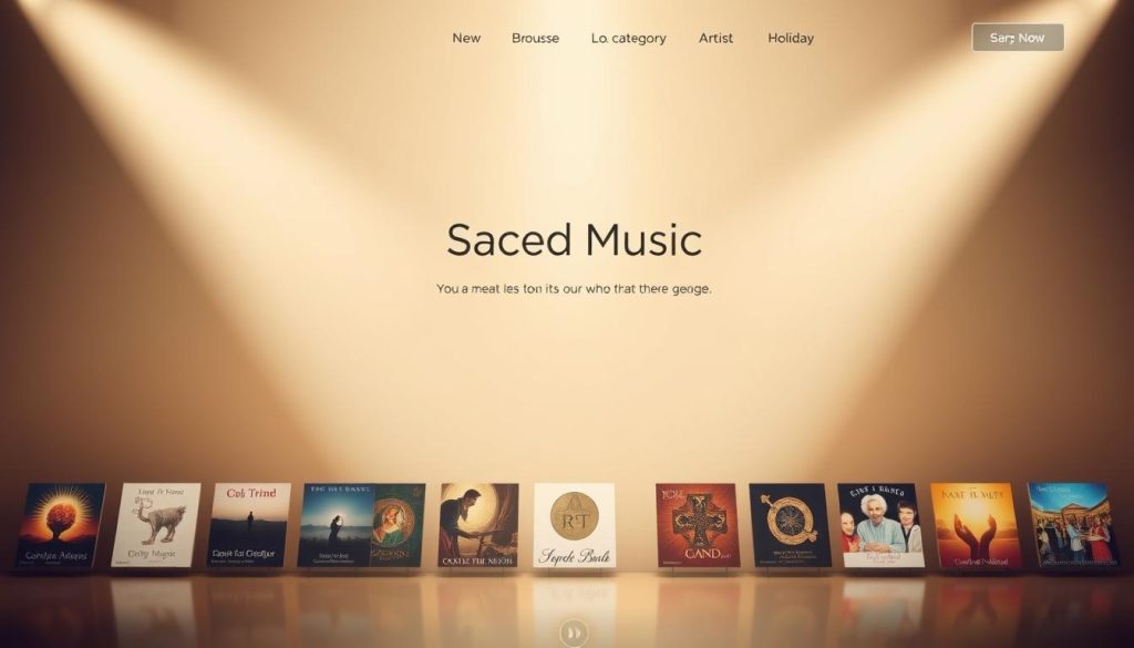 A serene, minimalist website interface showcasing various sacred music download platforms. In the foreground, a clean grid of album covers and icons representing different genres and artists, illuminated by soft, diffused lighting. The middle ground features a simple, elegant navigation menu, with options to browse by category, artist, or holiday. In the background, a warm, muted color palette evokes a sense of reverence and contemplation, punctuated by subtle highlights and shadows that draw the eye towards the central content. The overall composition is balanced and visually appealing, inviting the user to explore the available sacred music offerings.