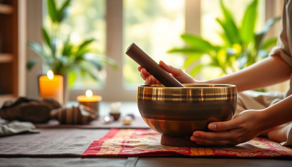 A serene setting for a Tibetan singing bowl session, with a beautifully crafted brass singing bowl placed on a soft, colorful meditation mat. In the foreground, a pair of hands, gently poised and wearing modest attire, are preparing to strike the bowl with a mallet. The middle ground features calming elements like a lit candle and a few crystals that enhance the atmosphere. In the background, soft-focus images of lush greenery and light streaming through a window, creating a serene and inviting ambiance. The lighting is warm and natural, evoking tranquility and focus. The scene captures a sense of preparation and mindfulness, designed to illustrate calmness and readiness for producing harmonious, stable sounds.