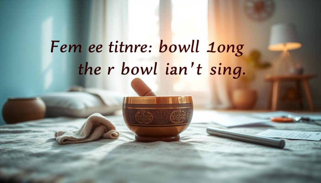 A serene, softly-lit room features a Tibetan singing bowl in the foreground, delicately placed on a textured fabric, surrounded by an array of common issues such as a damp cloth, a gentle hand applying pressure to the bowl, and scattered notes on bowl maintenance. The middle ground softly blurs into a tranquil backdrop displaying a cozy, inviting space with calming hues of blue and green, emphasizing a peaceful atmosphere. Natural light filters through an open window, casting gentle shadows, highlighting the bowl's intricate designs. A sense of warmth and tranquility permeates the scene, inviting viewers to explore the solutions to frequent problems when the bowl doesn't sing. The angle captures the bowl slightly off-center, emphasizing its significance while maintaining a balanced composition.