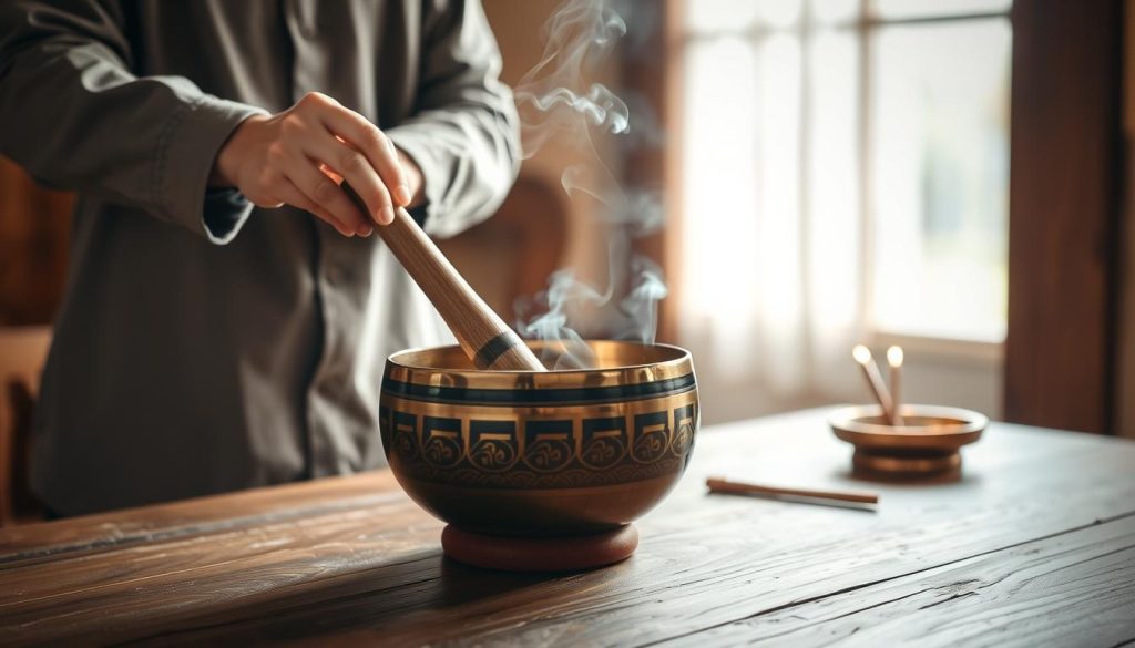 A serene, softly lit scene showcases a traditional Tibetan singing bowl, placed on a textured wooden table. In the foreground, a skilled user, dressed in modest casual attire, gently strikes the bowl with a wooden mallet. The bowl is intricately adorned with traditional patterns, and a gentle vibration is visible around it, hinting at sound waves. In the middle ground, delicate smoke from a burning incense stick swirls, adding a meditative atmosphere. The background features warm, diffused natural light that filters through a nearby window, illuminating the peaceful space. The overall mood is tranquil, inviting the viewer to experience the calming essence of the method described in the article section.