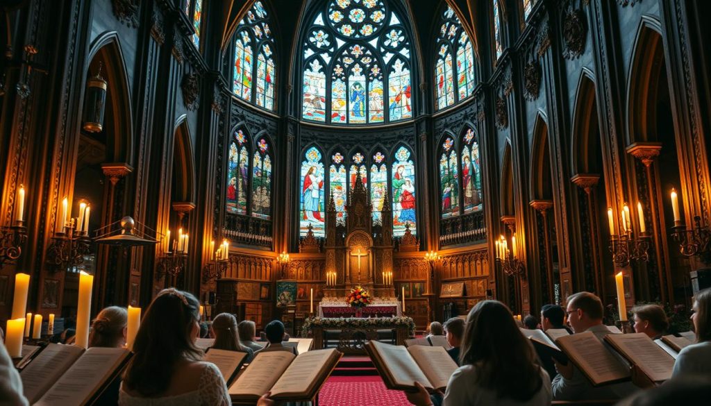 A stunningly beautiful church interior with ornate stained glass windows casting warm, reverent light onto a marble altar adorned with candles, flowers, and religious symbols. In the foreground, a choir sings from gilded, aged hymnals, their voices lifted in soulful psalmody and joyous alleluia. The atmosphere is one of solemn tranquility and profound spiritual resonance, befitting the sacred rite of a wedding mass.