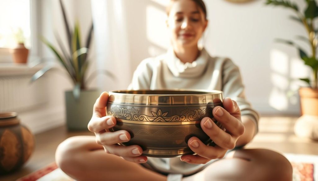 A warm, inviting scene showcasing a person in a serene, meditative space, gently holding a Tibetan singing bowl in their hands. The foreground features the hands of the individual, skillfully positioned around the bowl, showcasing a gentle grip, with a focus on intricate details of the bowl's surface, reflecting traditional designs. The middle ground captures the person's peaceful expression and relaxed posture, dressed in modest casual clothing, seated on a soft cushion. Soft, natural lighting streams in from a nearby window, casting delicate shadows and enhancing the tranquil atmosphere. In the background, elements of a calming environment, such as plants and calming colors, contribute to the overall peaceful mood, emphasizing the importance of proper holding and posture in the practice.