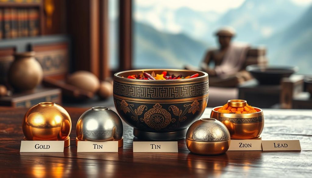A beautifully arranged display of the seven metals traditionally used in Tibetan singing bowls, each metal labeled with elegant designs. In the foreground, the metals—gold, silver, copper, tin, zinc, iron, and lead—shine under soft, warm lighting that accentuates their unique textures and colors, resting on a rich, dark wooden surface. The middle layer features a Tibetan singing bowl, intricately engraved, partially filled with vibrant natural elements like colorful spices or gemstones to symbolize the cultural richness of Tibetan tradition. In the background, a softly blurred image of a serene Himalayan landscape or a peaceful meditation space adds depth, creating a tranquil atmosphere. The overall mood is one of harmony and curiosity, inviting the viewer to explore the myths and realities of these mystical materials.