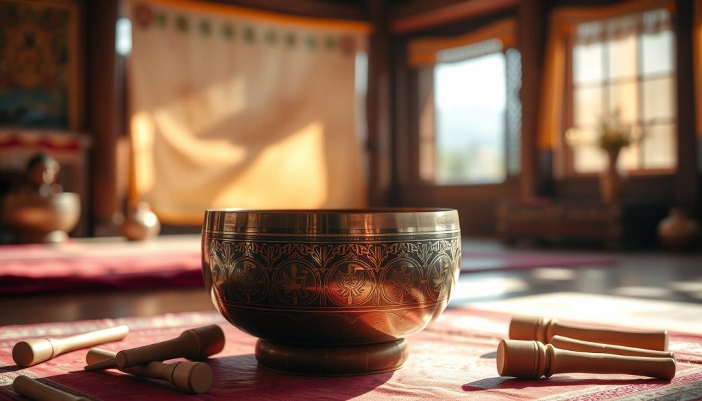 A beautifully crafted Tibetan singing bowl made from seven metals, glimmering under soft, natural sunlight. The bowl should be positioned prominently in the foreground, showcasing intricate engravings that depict ancient symbols and spiritual motifs. Surround the bowl with a few scattered musical mallets made from traditional materials. In the middle ground, include subtle hints of a serene Tibetan landscape, perhaps a distant silhouette of the Himalayas or traditional prayer flags fluttering in the breeze. The background should feature a softly blurred interior of a meditation room adorned with warm shades of wood and cloth. The lighting is warm and gentle, creating a tranquil and sacred atmosphere, inviting the viewer to reflect on the deep cultural significance and historical roots of Tibetan bowls.