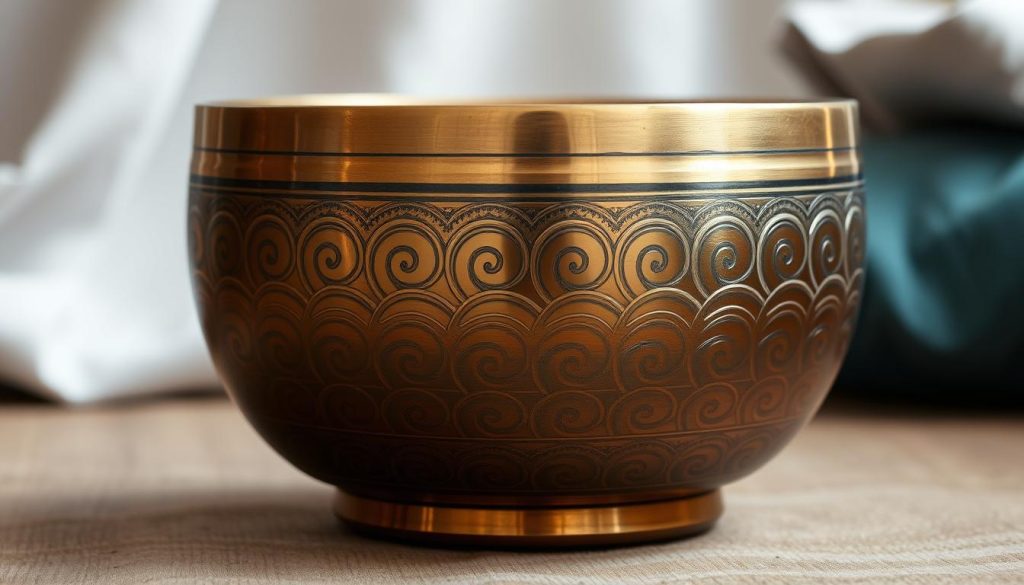 A beautifully crafted Tibetan singing bowl made of seven metals, showcasing intricate finishes and engravings that reflect a variety of textures. In the foreground, focus on the bowl's shiny patina and the wave-like patterns carved into its surface, hinting at their role in enhancing vibrations. The middle ground features soft, diffused lighting that highlights the rich colors of the metals, from deep gold to muted bronze. The background could include gentle, blurred hints of a calming environment, like soft textiles or a meditation space, contributing to a peaceful atmosphere. Consider a slightly angled view to emphasize the bowl's depth and curvature, evoking a sense of tranquility and reverence for its craftsmanship.