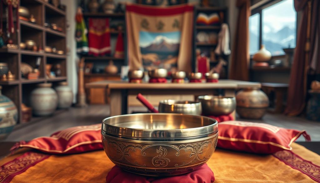 A beautifully detailed Tibetan singing bowl, intricately crafted with traditional symbols and patterns, is the focal point in the foreground. The bowl glistens in warm, soft light that highlights its metallic surface, creating a serene, reflective quality. Surrounding the bowl are delicate, colorful silk cushions in deep reds and golds, adding a vibrant contrast. In the middle ground, a rustic wooden table set within a cozy shop or boutique environment showcases additional singing bowls of varying sizes. The background features shelves filled with various Tibetan artifacts, draped fabrics, and a soft-focus image of Himalayan mountains through a window, enhancing the peaceful, authentic atmosphere. The overall mood is tranquil and inviting, perfect for those seeking reliable Tibetan singing bowls.