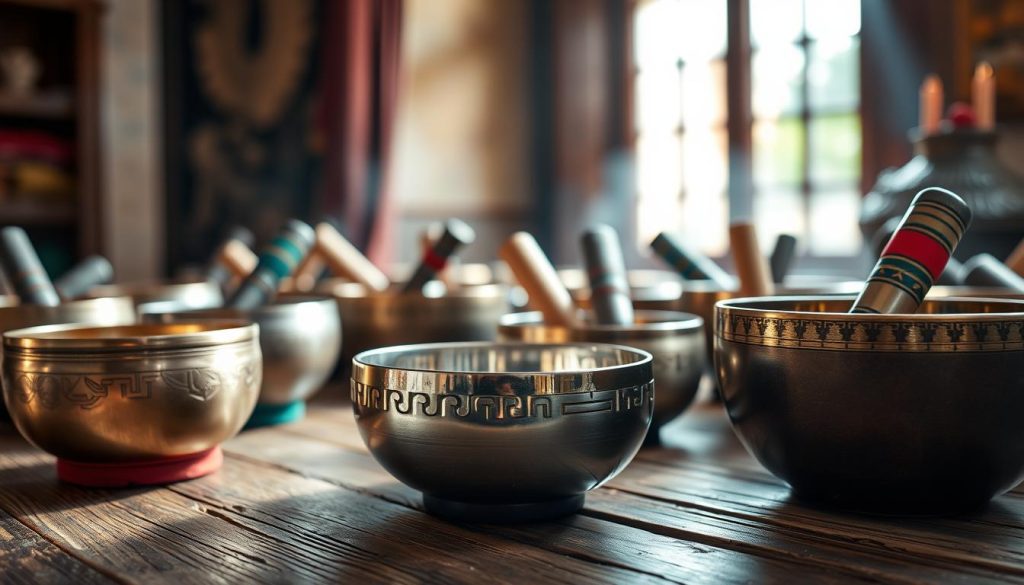 A captivating display of a diverse range of Tibetan singing bowls arranged on a rustic wooden table. In the foreground, focus on intricately crafted bowls, showcasing various finishes like polished brass, silver, and a matte earthy texture. Each bowl should have unique embellishments and colors that reflect their cultural significance. The middle ground should feature a gentle light filtering through a nearby window, casting soft shadows and highlighting the bowls’ surfaces. In the background, a serene atmosphere is created with blurred hints of plush textiles and incense, enhancing the peaceful mood of Tibetan traditions. Shot with a wide-angle lens to capture the beauty and detail of each bowl, evoking a sense of calm and reverence.