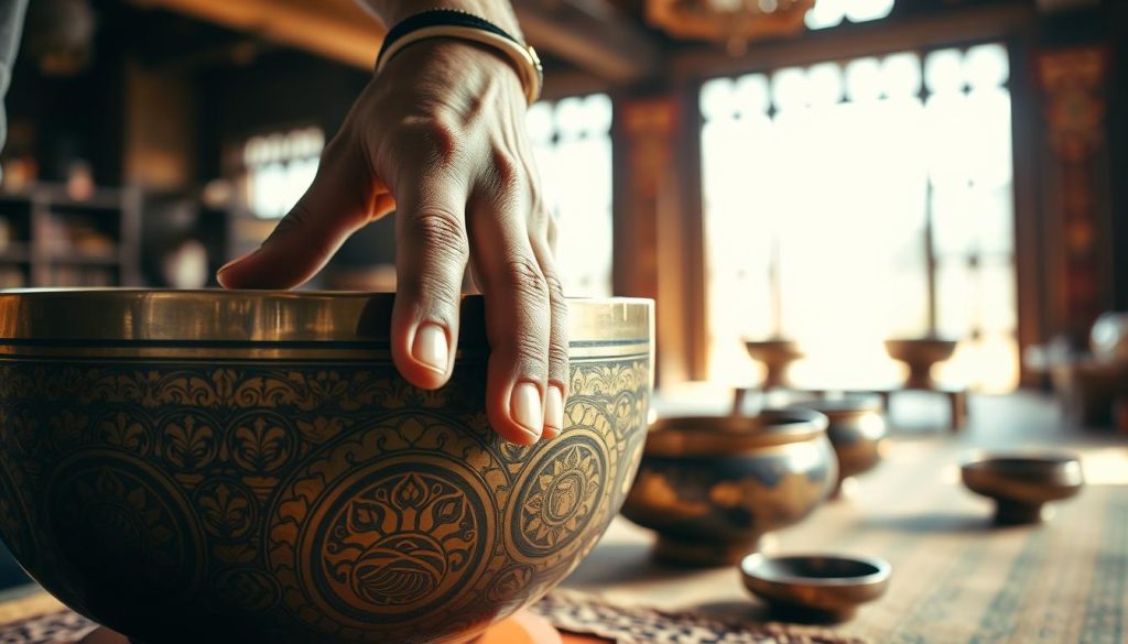 A close-up view of a skilled artisan's hand gently stroking the surface of an intricately crafted Tibetan singing bowl, showcasing the exquisite texture and craftsmanship. The hand, adorned with a simple bracelet, is shown in sharp focus in the foreground, while the rich, detailed patterns of the bowl glisten under soft, natural lighting. In the middle ground, a few antique Tibetan bowls are artistically arranged, revealing their unique shapes and fine details. The background features a tranquil, softly blurred interior of a serene space, evoking calm and spirituality. The mood is peaceful and contemplative, with warm tones emphasizing the authenticity of the artisan's work. The image captures the essence of traditional craftsmanship, inviting viewers to appreciate the beauty of the Tibetan bowl.