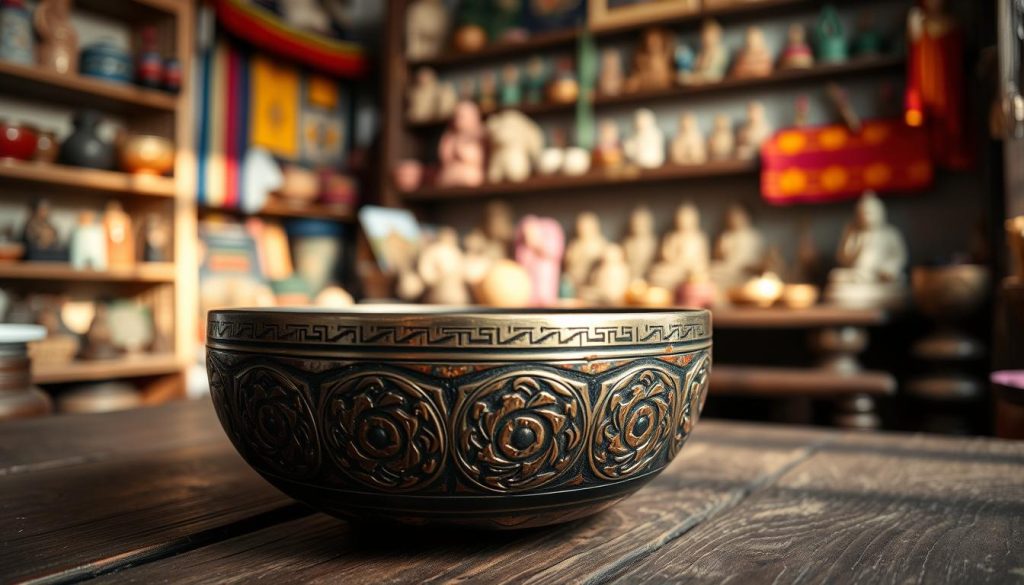 A close-up view of a traditional Tibetan singing bowl showcasing intricate hand-carved patterns and a vibrant patina that reflects its age and authenticity. The bowl is placed on a rustic wooden table, surrounded by soft, diffused natural light that creates gentle shadows, enhancing its textures. In the background, subtly blurred, are hints of a cozy shop filled with various Tibetan artifacts, featuring shelves with colorful textiles and small statues. The atmosphere is warm and inviting, conveying a sense of tranquility and craftsmanship. The lens captures the bowl at a slight angle to emphasize its curves, while adding depth to the overall composition. The image should evoke a sense of respect for the tradition and quality that defines authentic Tibetan bowls.