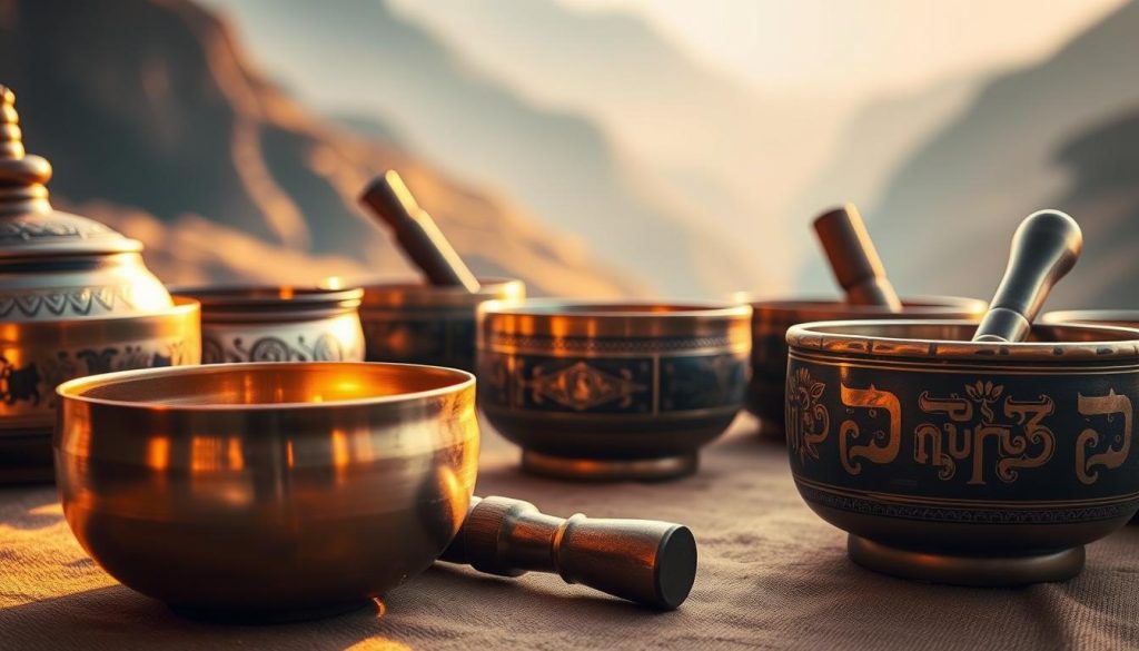A serene and captivating arrangement featuring a collection of traditional Tibetan singing bowls, each exhibiting unique intricate designs and textures. In the foreground, a polished copper bowl glimmers softly, with a mallet resting beside it. The middle ground reveals additional bowls of varying sizes, showcasing subtle metallic hues of bronze and silver, some adorned with intricate motifs symbolizing spirituality and peace. The background is filled with a softly blurred landscape of the Himalayas, bathed in warm, golden sunlight, creating a tranquil atmosphere. The lighting is soft and natural, highlighting the curves and details of the bowls, while a gentle depth of field draws focus to the intricate craftsmanship. The overall mood is serene and contemplative, inviting viewers to explore the rich history and evolution of these cultural artifacts.
