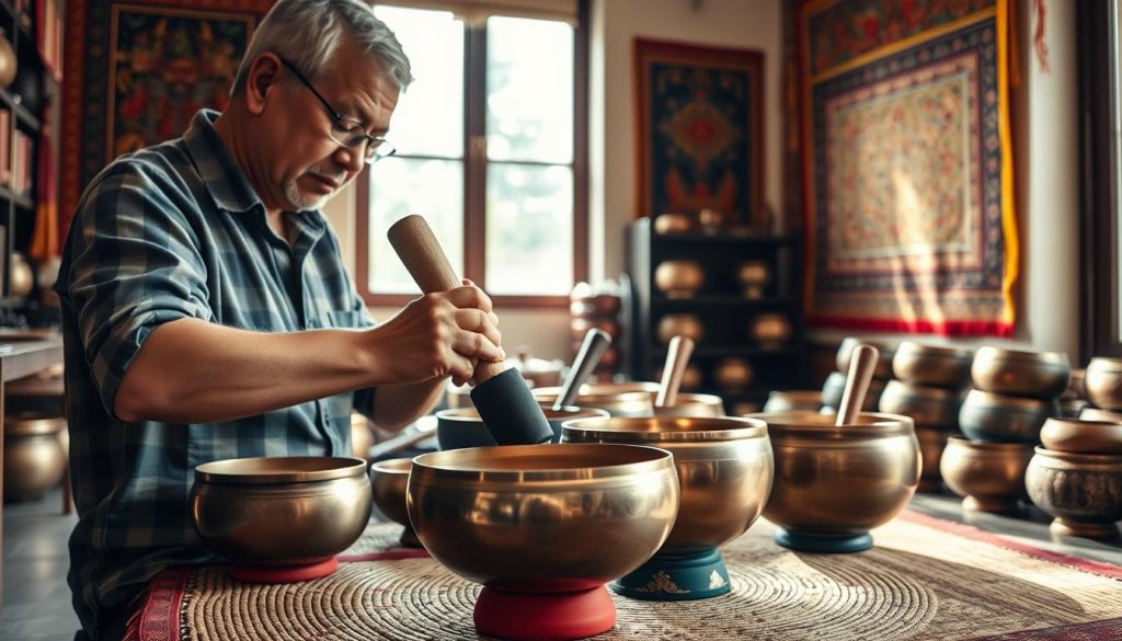 A serene and inviting scene showcasing a Tibetan singing bowl tester in a well-lit shop. In the foreground, a skilled artisan gently taps a beautifully crafted bronze Tibetan singing bowl with a mallet, creating ripples in the bowl's surface. His hands are steady, showcasing years of expertise, dressed in modest casual clothing. The middle ground features an array of vibrant singing bowls, varying in size and detail, displayed on a traditional woven mat. The walls are adorned with colorful Tibetan tapestries, adding warmth and cultural richness to the setting. Soft, diffused natural light filters in through a window, creating an atmosphere of tranquility and focus. This image conveys the importance of testing and appreciating the sound and craftsmanship of Tibetan bowls before purchasing.
