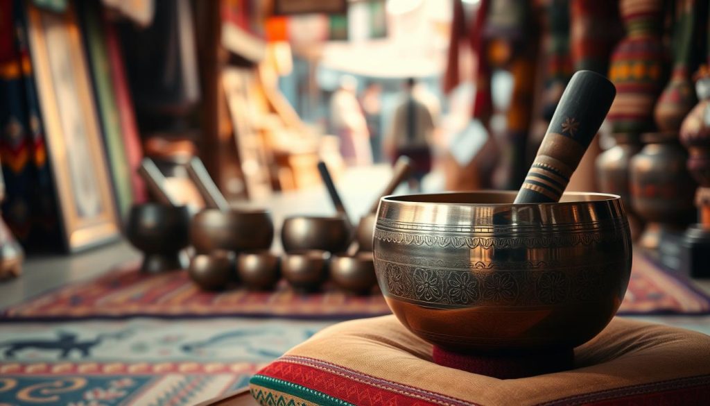 A serene and inviting scene showcasing authentic Nepalese Tibetan singing bowls. In the foreground, a beautifully crafted bowl rests on a traditional cushion, reflecting intricate engravings that hint at its rich heritage. Soft, warm light filters across the surface, catching the metallic sheen of the bowl. In the middle ground, several other bowls of varying sizes are artistically arranged, each showcasing distinct designs and colors, further emphasizing their quality and craftsmanship. The background features a softly blurred view of a Nepalese market, with vibrant fabrics and artisanal goods creating an atmosphere of authenticity and tradition. The warm, peaceful ambiance conjures feelings of tranquility and mindfulness, inviting viewers to appreciate the artistry and significance of these treasured items.