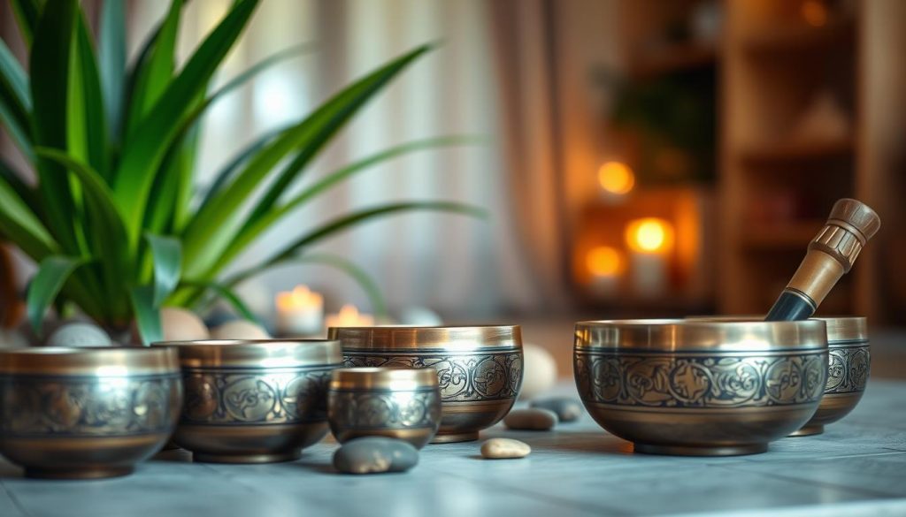 A serene meditation scene featuring a variety of Tibetan singing bowls of different sizes prominently displayed in the foreground. The bowls should have intricate, traditional designs, with rich metallic tones reflecting natural light. In the middle ground, a softly lit area with lush green plants and smooth pebbles enhances the calming atmosphere, while a gentle, warm glow from a nearby candle sets a tranquil mood. The background features a blurred image of a peaceful room, softly illuminated with warm, inviting colors. The composition emphasizes harmony and relaxation, evoking a sense of peace and mindfulness ideal for meditation practices. The angle is slightly above eye level to capture the beauty of the bowls and their surroundings.