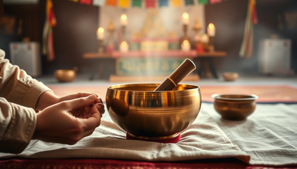 A serene scene centered on a traditional Tibetan singing bowl, polished to a warm luster, placed on a softly textured cloth. In the foreground, hands of a person in modest casual clothing gently hold a mallet, poised to strike the bowl. The middle ground showcases the singing bowl emitting soft, radiant sound waves, visually represented as gentle ripples in the air. The background features an altar adorned with colorful prayer flags and candles, casting a warm, inviting glow. Soft, diffused lighting creates an ethereal atmosphere, enhancing the sense of tranquility. The image captures the essence of meditative practice, inviting the viewer to experience the calming effect of sound and spirituality.