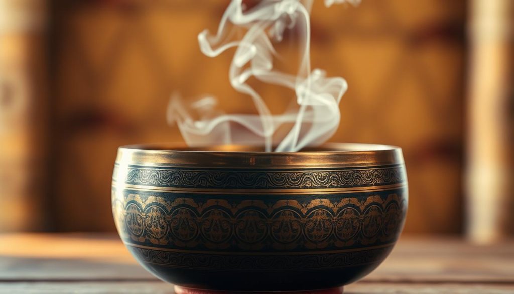 A serene still-life composition showcasing a Tibetan singing bowl made from a bronze alloy of copper and tin, reflecting its metallic sheen. In the foreground, focus on the bowl, adorned with intricate engravings that highlight its craftsmanship. Soft vibrations emanate visually from the bowl, illustrated by gentle ripples in the air. In the middle ground, delicate wisps of smoke rise gracefully, hinting at the ethereal sound. The background features a blurred, softly lit environment with warm earthy tones, evoking a sense of calm and spirituality. Use soft, natural lighting to illuminate the bowl, capturing its texture and the vibrational energy it symbolizes. The overall atmosphere is tranquil, inviting the viewer to reflect on the meditative qualities of the singing bowl and its metallic essence.