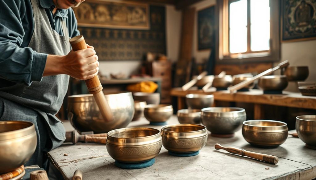 A skilled artisan carefully molds and hand-hammers a Tibetan singing bowl in a serene workshop. In the foreground, focus on the artisan, dressed in modest casual clothing, showcasing detailed hand movements as they shape the metal. The middle ground features various bowls of different sizes and intricate designs, some still in progress, with tools scattered around. In the background, soft natural light filters through a window, illuminating the warm, earthy tones of the wooden workbench and walls adorned with traditional Tibetan carvings. The atmosphere conveys a sense of tranquility and craftsmanship, emphasizing the heritage of artisanal manufacturing. Use a soft focus on the background to highlight the artisan’s focused expressions and the metallic sheen of the bowls.