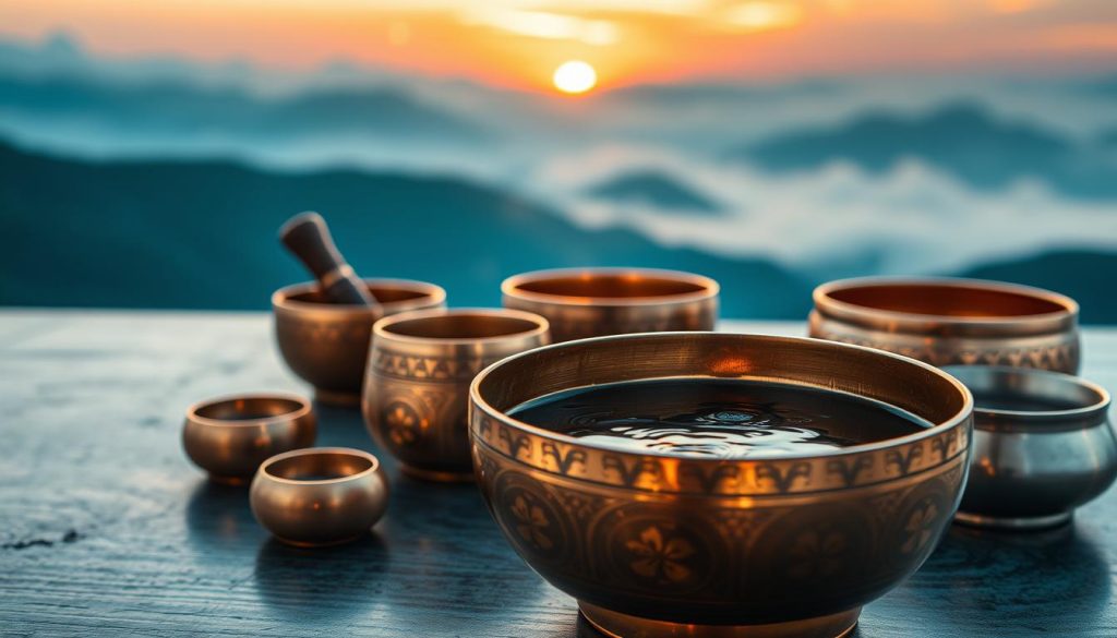 An artistic composition featuring various Tibetan singing bowls made of copper and tin. In the foreground, a beautifully crafted bowl has intricate engravings reflecting traditional designs, filled with shimmering water that creates gentle ripples under soft, diffused lighting. The middle ground includes a selection of smaller bowls, showcasing their different sizes and shapes, each highlighting the unique metal textures—copper's warm hues and tin's silver sheen. In the background, a blurred, serene Tibetan landscape provides a tranquil atmosphere, hinting at mountains and soft, rolling clouds illuminated by a golden sunset. The overall mood is peaceful and reflective, inviting viewers to explore the craftsmanship and cultural significance of these metals. Shot at a slight angle to emphasize the bowls' curves and details, using a macro lens for rich textures.