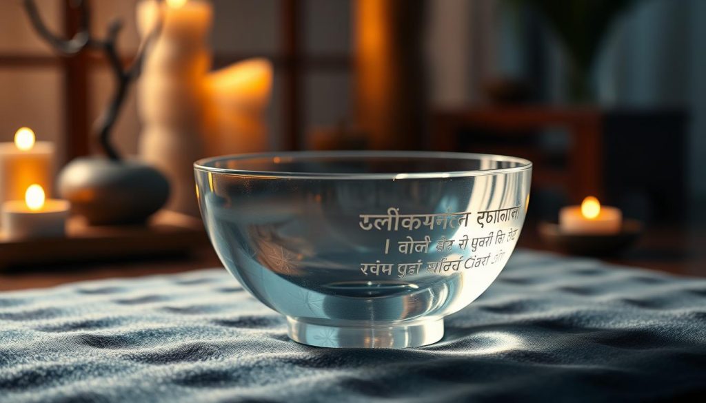 A beautifully crafted crystal singing bowl, known for its translucent surface and delicate, intricate engravings, takes center stage. Its polished edges catch the soft ambient light, casting gentle reflections on a plush, dark fabric surface beneath it. The background features a serene and tranquil atmosphere, with soft-focus elements like a blurred indoor zen garden and gentle lit candles, evoking a sense of calmness and meditation. The lighting is warm and inviting, highlighting the crystal's clarity and the subtle hues of its spectrum. The angle is slightly from above, showcasing the bowl and the reflective details, giving a clear distinction from traditional Tibetan bowls made from metal. The overall mood is peaceful and contemplative, ideal for appreciating the unique qualities of the crystal bowl.