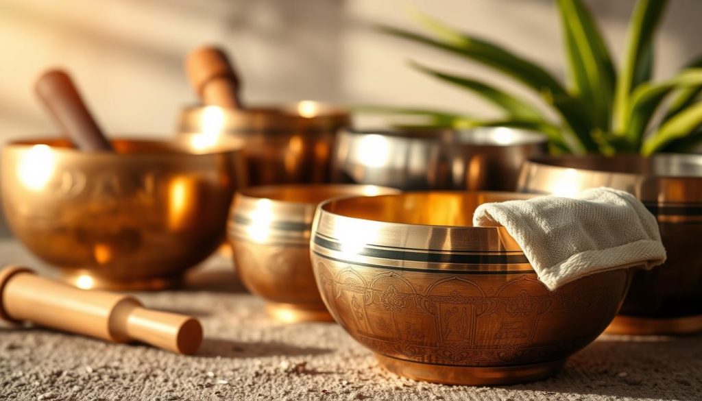 A close-up composition of various singing bowls arranged artistically on a textured surface. The bowls are made from a blend of metals, showcasing their distinct luster in shades of gold, silver, copper, and bronze. In the foreground, highlight a polished bowl with intricate engravings, partially filled with a soft fabric to suggest safety. The middle ground features additional bowls of different sizes, each reflecting ambient light, with a slight glowing effect to create an aura of tranquility. The background should be softly blurred, depicting a calm, serene environment with subtle natural elements like soft shadows of plants to enhance the peaceful atmosphere. Use warm, diffused lighting to evoke a sense of harmony and wellness, captured with a shallow depth of field for an intimate feel. A close-up composition of various singing bowls arranged artistically on a textured surface. The bowls are made from a blend of metals, showcasing their distinct luster in shades of gold, silver, copper, and bronze. In the foreground, highlight a polished bowl with intricate engravings, partially filled with a soft fabric to suggest safety. The middle ground features additional bowls of different sizes, each reflecting ambient light, with a slight glowing effect to create an aura of tranquility. The background should be softly blurred, depicting a calm, serene environment with subtle natural elements like soft shadows of plants to enhance the peaceful atmosphere. Use warm, diffused lighting to evoke a sense of harmony and wellness, captured with a shallow depth of field for an intimate feel.