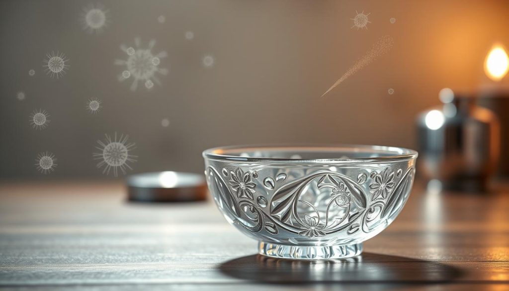 A delicate crystal Tibetan bowl sits prominently in the foreground, its intricate carvings reflecting soft light in various colors. Surrounding the bowl are subtle representations of common allergens, such as pollen and dust, illustrated as gentle, ethereal wisps. In the middle ground, softly blurred metallic elements evoke potential safety concerns, shimmering subtly to hint at the detail without overwhelming the image. The background features a serene, neutral-toned setting, suggesting tranquility and mindfulness, with soft ambient lighting to enhance the crystal's brilliance. The mood is calm and informative, encouraging awareness of safety and fragility, while emphasizing the beauty of the crystal. Use a shallow depth of field to focus on the bowl and softly blur the background elements to create a peaceful yet educational atmosphere.
