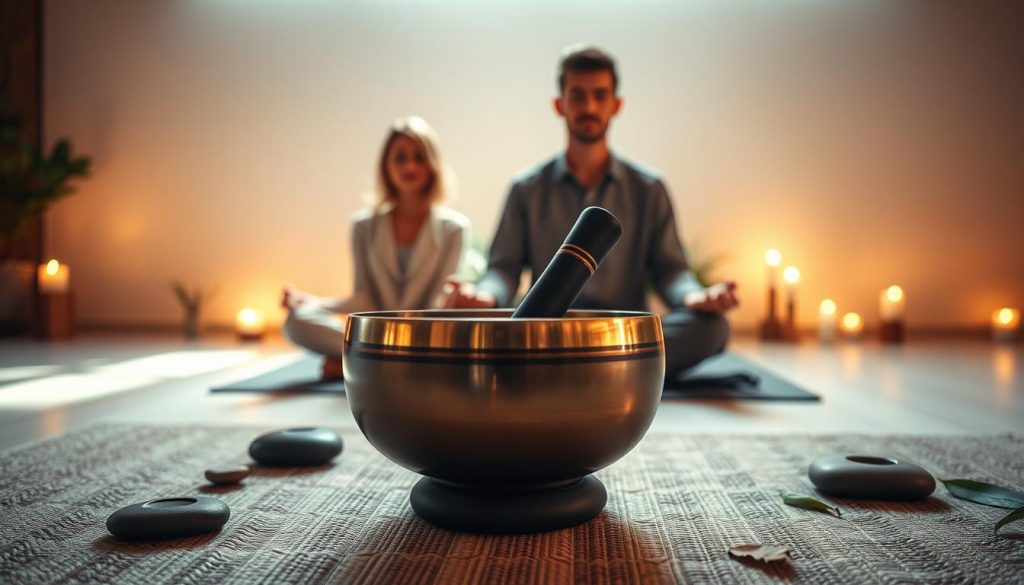 A serene and calming scene depicting a beginner's meditation session using a Tibetan singing bowl. In the foreground, an elegantly designed Tibetan bowl sits on a beautifully textured mat, surrounded by smooth stones and natural elements like leaves. In the middle ground, two individuals, one male and one female, are seated cross-legged, dressed in modest, casual attire, each gently focusing on the bowl in front of them. The background features soft, diffused lighting that mimics the warm glow of candlelight, casting gentle shadows that enhance the peaceful atmosphere. A faint hint of soft, blurred greenery sets the backdrop, contributing to the tranquil vibe of a dedicated space for meditation. The overall mood is one of introspective calm and mindfulness.