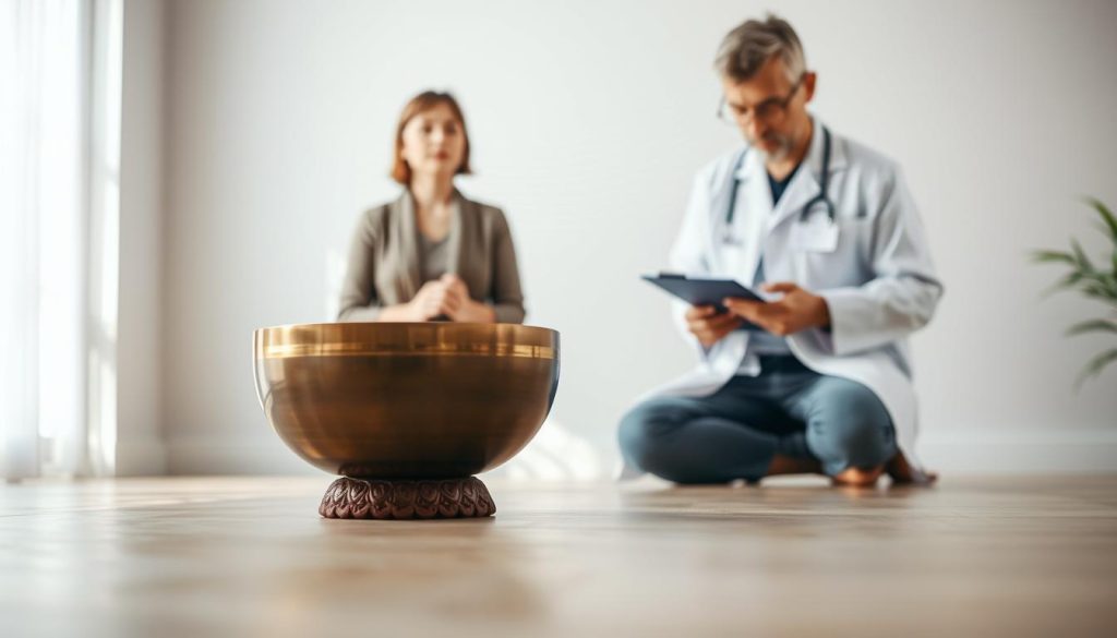 A serene and calming scene illustrating the concept of "contre-indications sons vibrations" related to Tibetan bowls. In the foreground, a professional figure in modest casual clothing is consulting a doctor, who is attentively listening and taking notes. The middle ground features a beautifully crafted Tibetan bowl emitting gentle sound waves, visually represented by soft, flowing lines. The background showcases a tranquil room with muted colors, soft natural light filtering through a window, creating a warm and peaceful atmosphere. The lens perspective is slightly elevated to capture both individuals and the Tibetan bowl harmoniously. The overall mood reflects caution and professionalism, emphasizing the importance of seeking medical advice before engaging with sound therapy. A serene and calming scene illustrating the concept of "contre-indications sons vibrations" related to Tibetan bowls. In the foreground, a professional figure in modest casual clothing is consulting a doctor, who is attentively listening and taking notes. The middle ground features a beautifully crafted Tibetan bowl emitting gentle sound waves, visually represented by soft, flowing lines. The background showcases a tranquil room with muted colors, soft natural light filtering through a window, creating a warm and peaceful atmosphere. The lens perspective is slightly elevated to capture both individuals and the Tibetan bowl harmoniously. The overall mood reflects caution and professionalism, emphasizing the importance of seeking medical advice before engaging with sound therapy.