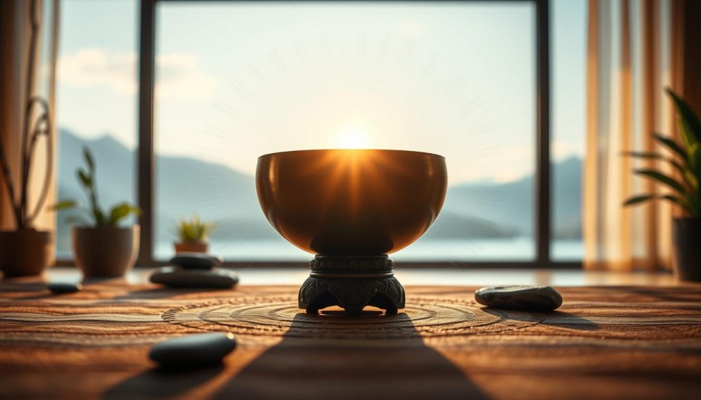 A serene and captivating scene illustrating the concept of "intensité," focused on the Tibetan singing bowl's sound and its impact on the environment. In the foreground, a gracefully placed Tibetan singing bowl emits visible sound waves, radiating energy in concentric circles. In the middle, soft, warm light filters through, illuminating a tranquil indoor space adorned with calming natural elements like stones and plants. The background features a window revealing a peaceful landscape, hinting at mountains and a clear sky. Use a shallow depth of field to highlight the bowl while creating a blurred effect for the background, enhancing the overall mood of calmness and introspection. The atmosphere should convey a sense of mystique and serenity, inviting the viewer to contemplate sound's dual nature as both beneficial and potentially overwhelming.