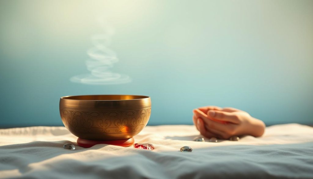 A serene and contemplative scene depicting the potential side effects of Tibetan bowl practices. In the foreground, an elegantly designed Tibetan singing bowl rests on a soft, textured fabric, gemstones glistening nearby. In the middle ground, subtle visual cues of discomfort, such as soft, translucent waves in varying shades to symbolize anxiety or unease, merge with soothing elements like gentle hands cradling the bowl. In the background, a calming gradient of soft blues and greens creates a peaceful atmosphere, evoking tranquility. The lighting should be soft and warm, creating a balanced contrast that highlights the bowl while hinting at the underlying complexities. The overall mood balances serenity with caution, inviting reflection on personal well-being and mindfulness. A serene and contemplative scene depicting the potential side effects of Tibetan bowl practices. In the foreground, an elegantly designed Tibetan singing bowl rests on a soft, textured fabric, gemstones glistening nearby. In the middle ground, subtle visual cues of discomfort, such as soft, translucent waves in varying shades to symbolize anxiety or unease, merge with soothing elements like gentle hands cradling the bowl. In the background, a calming gradient of soft blues and greens creates a peaceful atmosphere, evoking tranquility. The lighting should be soft and warm, creating a balanced contrast that highlights the bowl while hinting at the underlying complexities. The overall mood balances serenity with caution, inviting reflection on personal well-being and mindfulness.