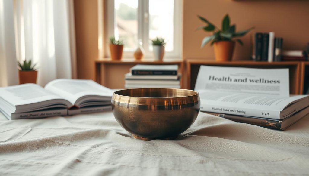 A serene and informative composition illustrating the state of knowledge on Tibetan bowls, featuring a well-organized workspace. In the foreground, a polished Tibetan singing bowl is centered on a soft, textured cloth, reflecting elegant details and subtle colors. Surrounding the bowl, there are neatly arranged research papers and books, with titles related to health and wellness written in refined fonts. In the middle ground, gently diffused natural light streams in through a window, creating a warm atmosphere. The background features a calming room with soft earth-toned walls and a hint of greenery from potted plants. The focus is on clarity and sophistication, evoking a sense of peaceful exploration of knowledge. Overall, the mood is contemplative and inviting, perfect for a scholarly article. A serene and informative composition illustrating the state of knowledge on Tibetan bowls, featuring a well-organized workspace. In the foreground, a polished Tibetan singing bowl is centered on a soft, textured cloth, reflecting elegant details and subtle colors. Surrounding the bowl, there are neatly arranged research papers and books, with titles related to health and wellness written in refined fonts. In the middle ground, gently diffused natural light streams in through a window, creating a warm atmosphere. The background features a calming room with soft earth-toned walls and a hint of greenery from potted plants. The focus is on clarity and sophistication, evoking a sense of peaceful exploration of knowledge. Overall, the mood is contemplative and inviting, perfect for a scholarly article.